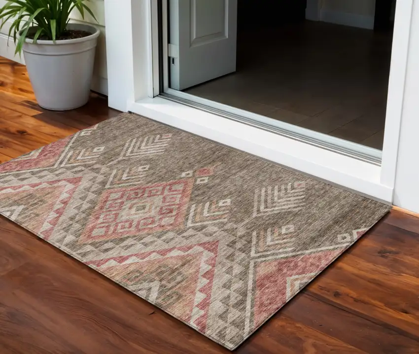 Brown And Terra Cotta Southwestern Washable Indoor Outdoor Area Rug Photo 1