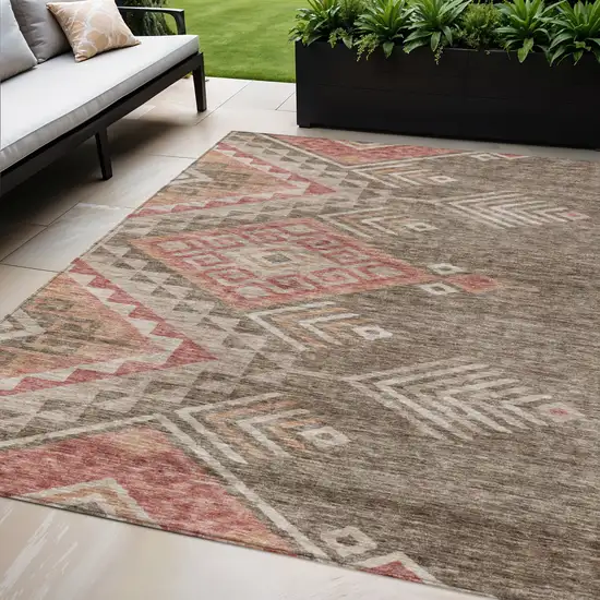 Brown And Terra Cotta Southwestern Washable Indoor Outdoor Area Rug Photo 1