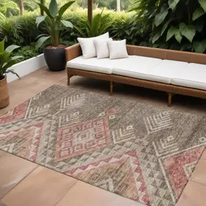 Photo of Brown And Terra Cotta Southwestern Washable Indoor Outdoor Area Rug