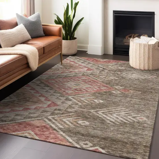 Brown And Terra Cotta Southwestern Washable Indoor Outdoor Area Rug Photo 9