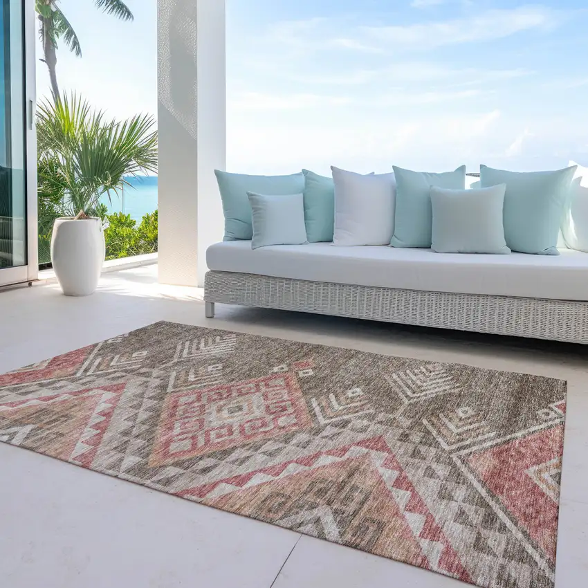 Brown And Terra Cotta Southwestern Washable Indoor Outdoor Area Rug Photo 8
