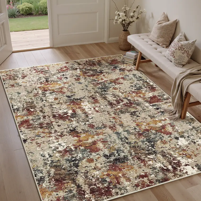 Beige Red And Ivory Abstract Washable Area Rug Photo 5