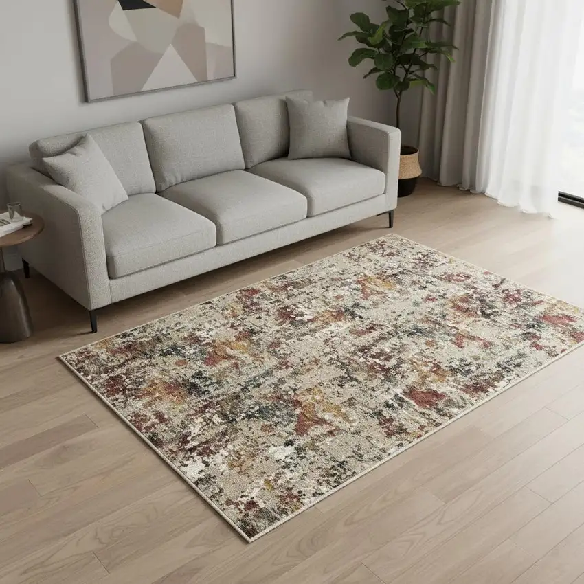 Beige Red And Ivory Abstract Washable Area Rug Photo 1