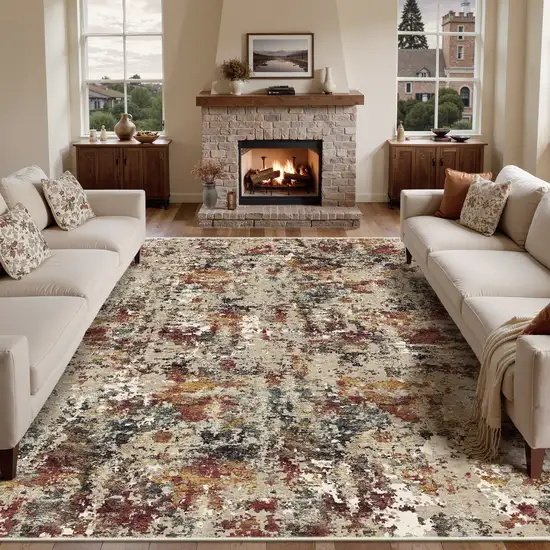 Beige Red And Ivory Abstract Washable Area Rug Photo 6