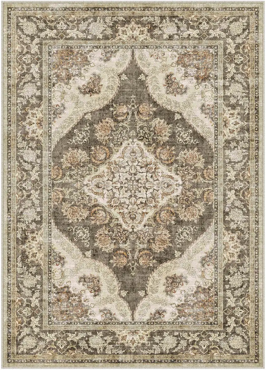 Brown And White Floral Washable Area Rug Photo 3