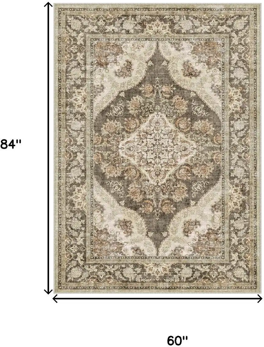 Brown Beige And Ivory Medallion Washable Area Rug Photo 3
