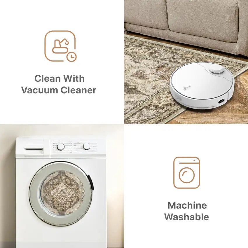 Brown And White Floral Washable Area Rug Photo 7