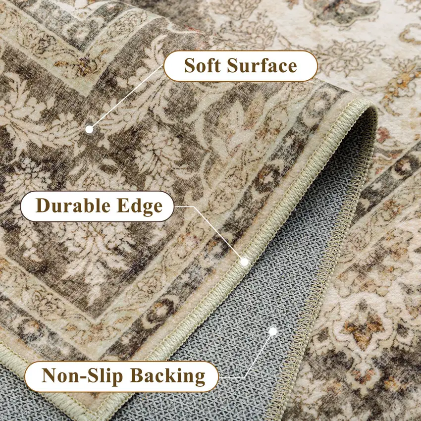Brown And White Floral Washable Area Rug Photo 6