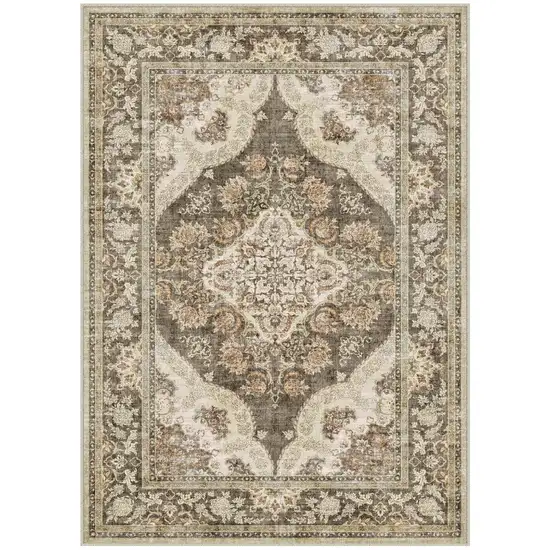 Brown Beige And Ivory Medallion Washable Area Rug Photo 2
