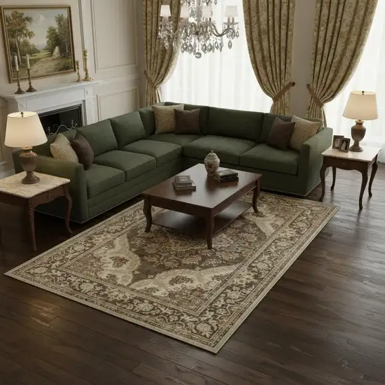 Brown Beige And Ivory Medallion Washable Area Rug Photo 1