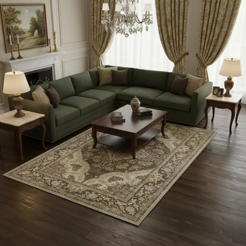 Brown Beige And Ivory Medallion Washable Area Rug Photo 1