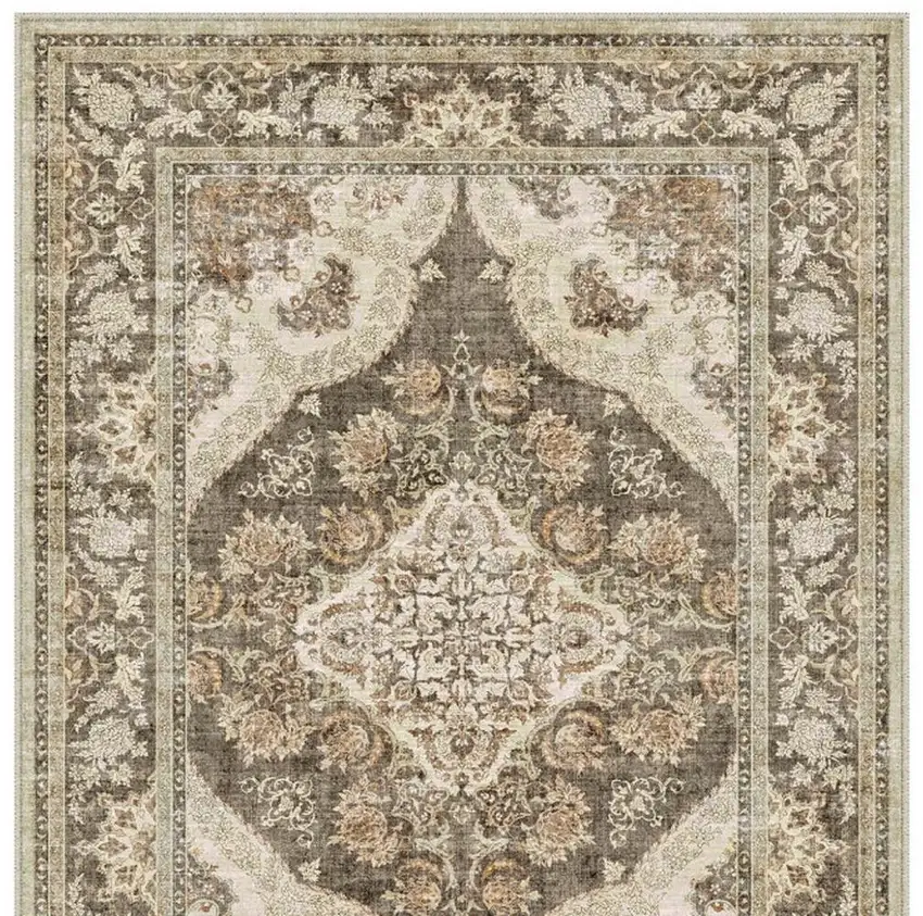 Brown Beige And Ivory Medallion Washable Area Rug Photo 5