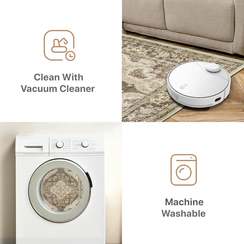 Brown And White Floral Washable Area Rug Photo 5