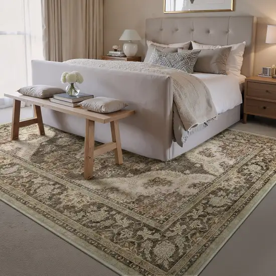 Brown And White Floral Washable Area Rug Photo 4