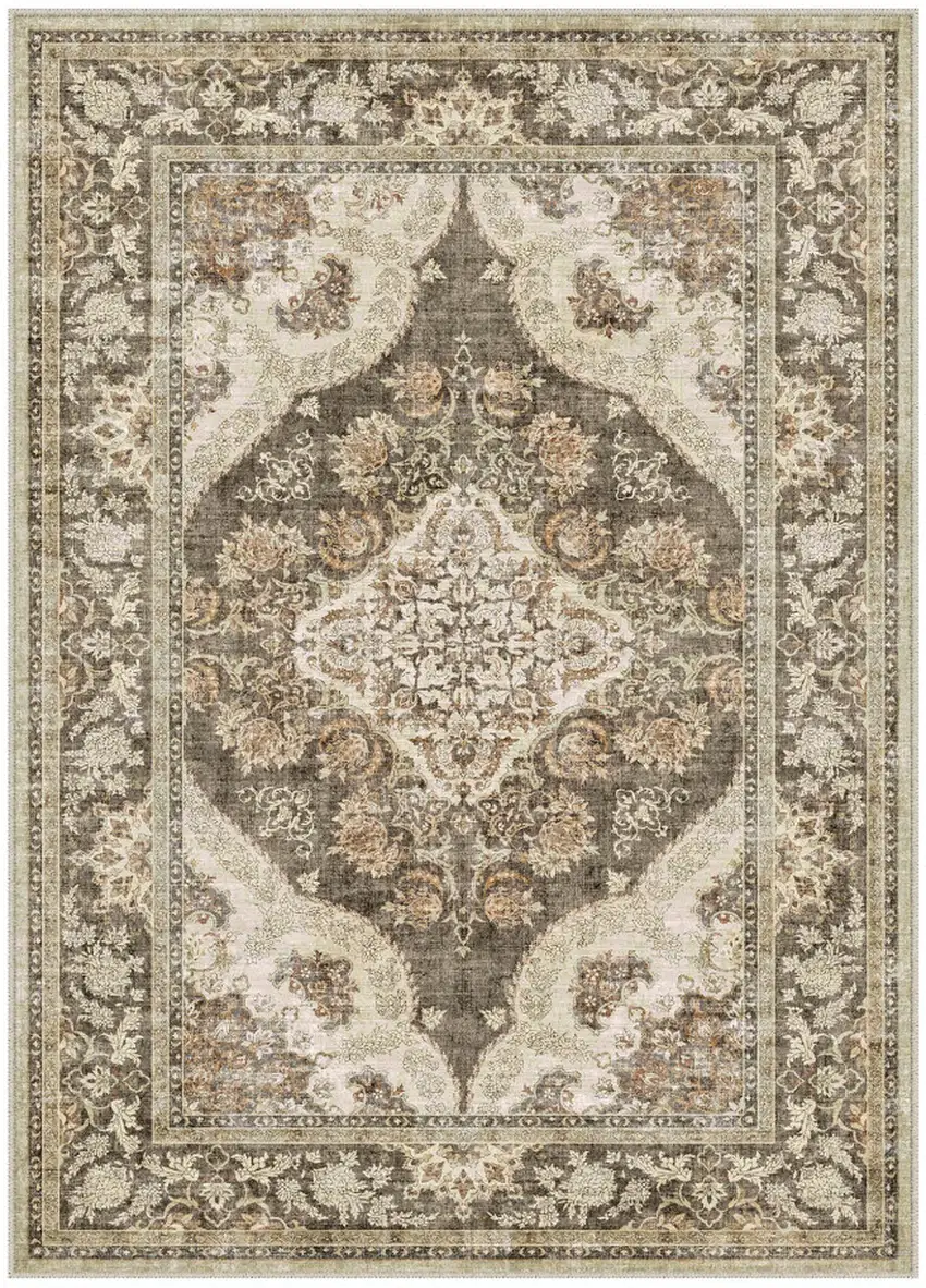 Brown And White Floral Washable Area Rug Photo 1