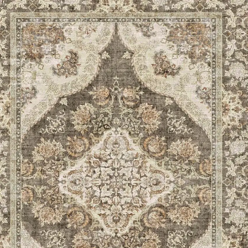 Brown And White Floral Washable Area Rug Photo 2