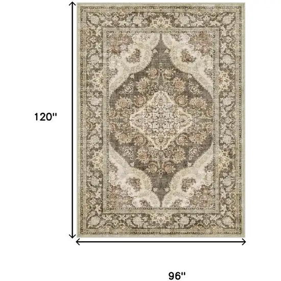 Brown Beige And Ivory Medallion Washable Area Rug Photo 3