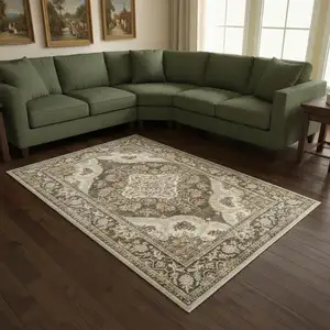 Photo of Brown And White Floral Washable Area Rug