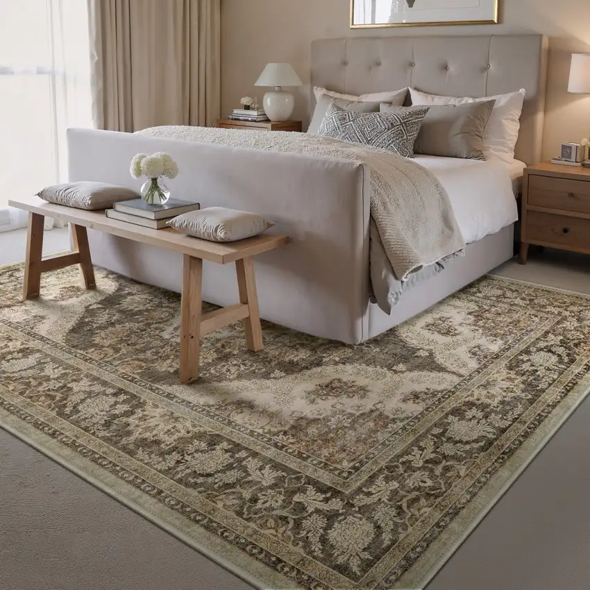 Brown Beige And Ivory Medallion Washable Area Rug Photo 3