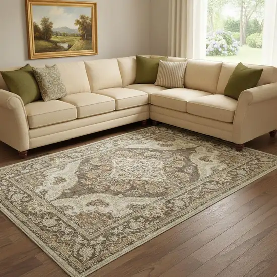 Brown Beige And Ivory Medallion Washable Area Rug Photo 1