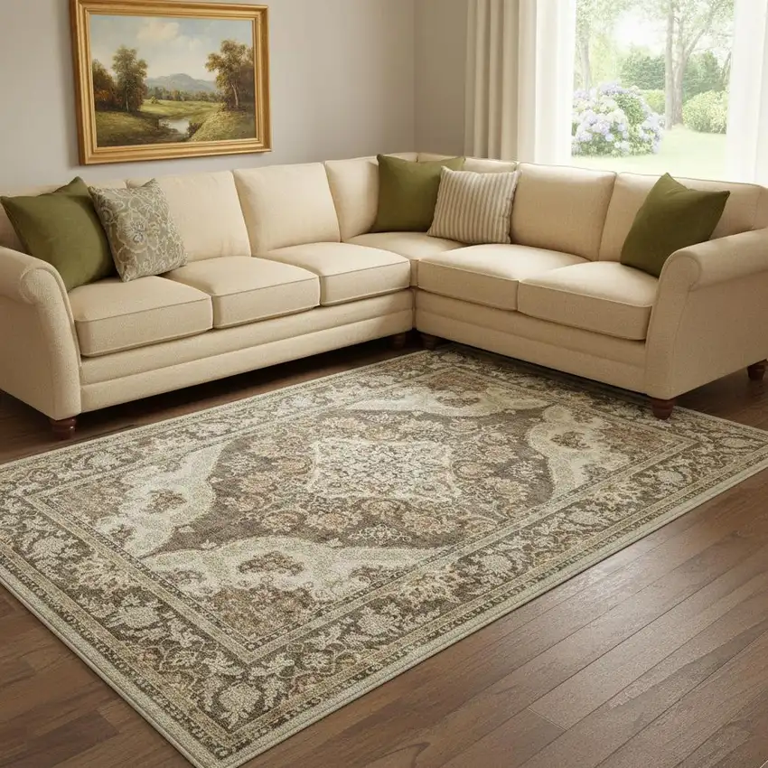 Brown Beige And Ivory Medallion Washable Area Rug Photo 1