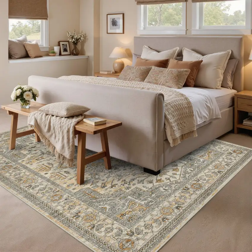 Brown And White Floral Washable Area Rug Photo 1