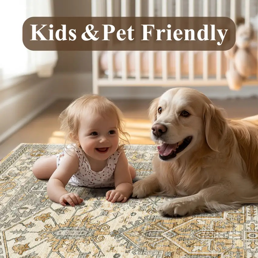 Ivory And Brown Oriental Washable Area Rug Photo 7