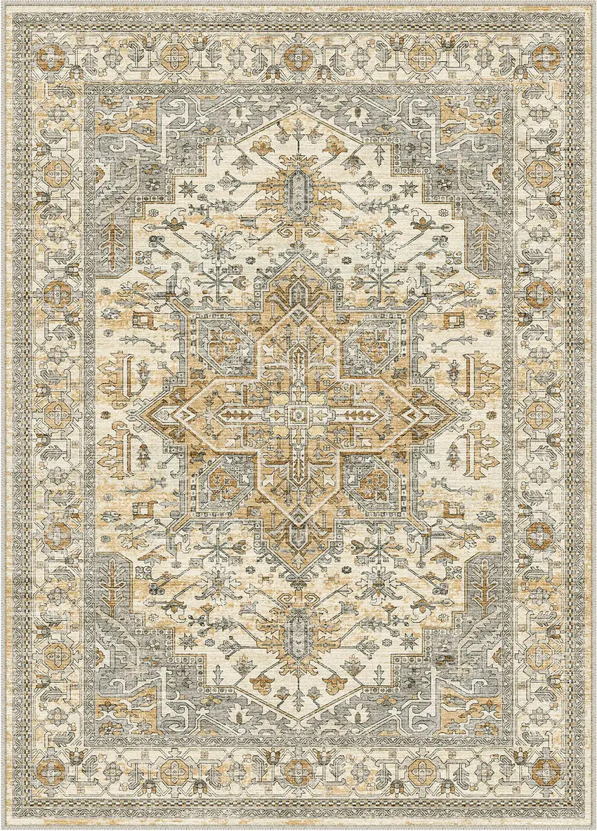 Ivory And Brown Oriental Washable Area Rug Photo 2
