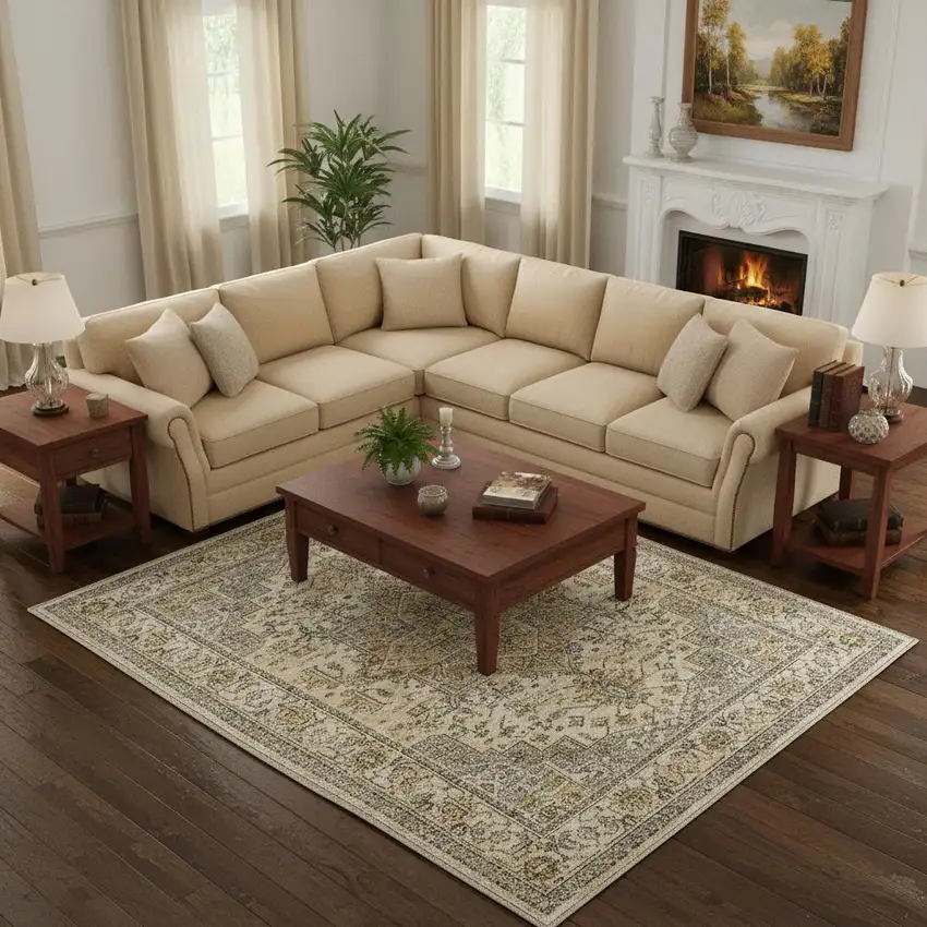 Ivory And Brown Oriental Washable Area Rug Photo 1