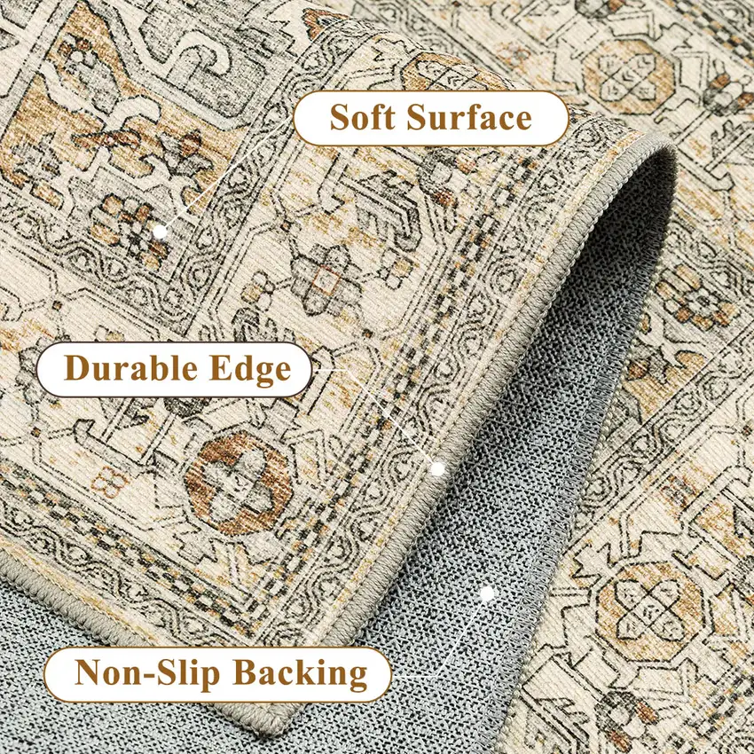 Brown And White Floral Washable Area Rug Photo 5