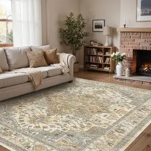 Photo of Brown And White Floral Washable Area Rug