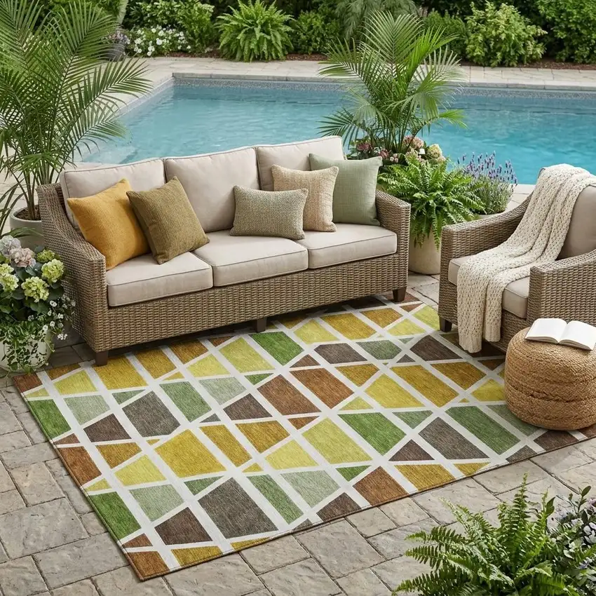 Brown And White Geometric Washable Indoor Outdoor Area Rug Photo 1