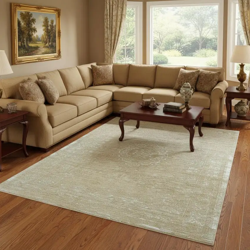 Brown And White Medallion Washable Area Rug With UV Protection Photo 1