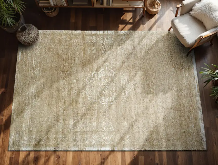 Brown And White Medallion Washable Area Rug With UV Protection Photo 4