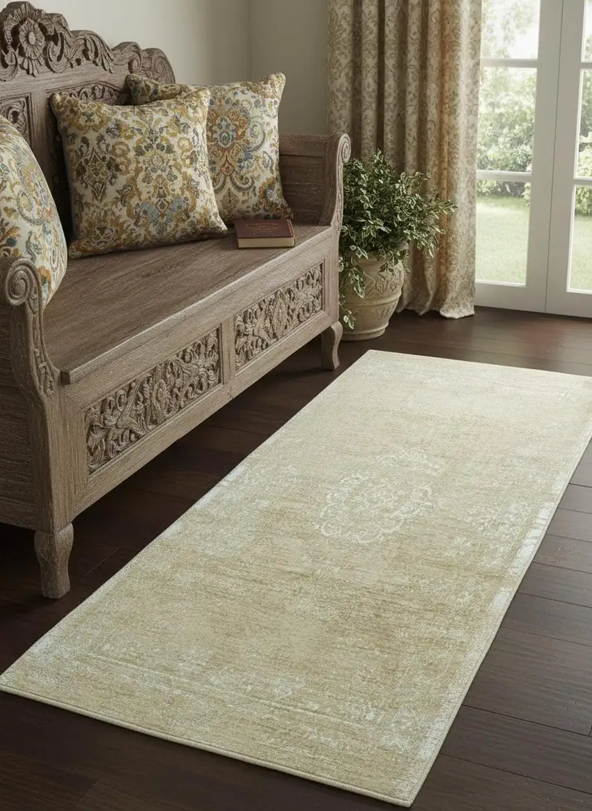 Brown And White Medallion Washable Area Rug With UV Protection Photo 1