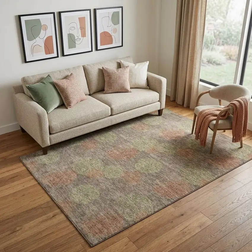 Brown Artichoke Green And Taupe Abstract Washable Area Rug With UV Protection Photo 1