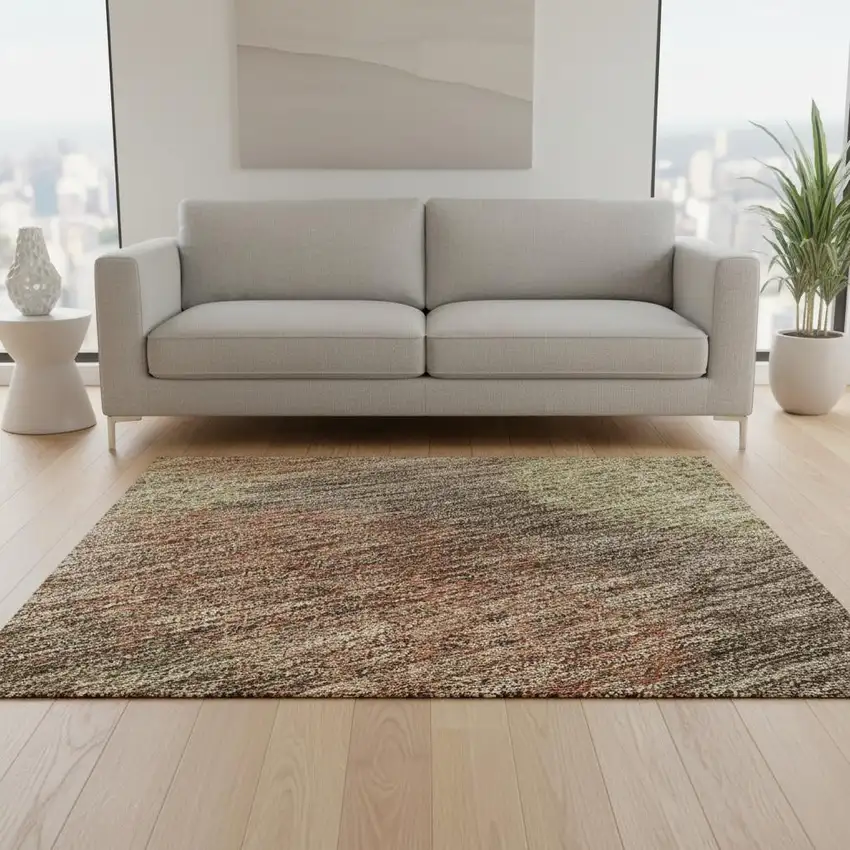 Brown Artichoke Green And Taupe Abstract Washable Area Rug With UV Protection Photo 2