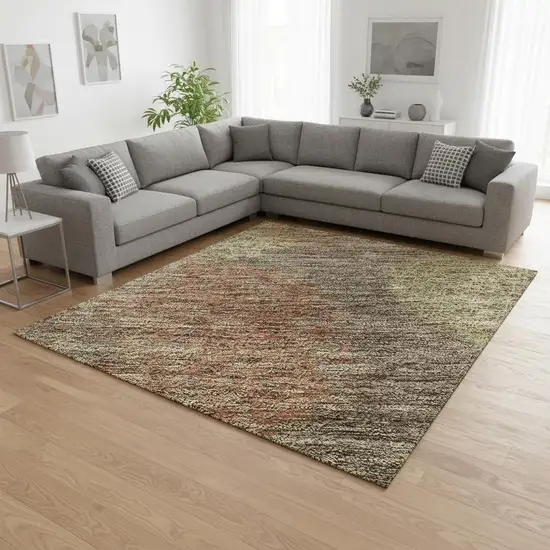 Brown Artichoke Green And Taupe Abstract Washable Area Rug With UV Protection Photo 2