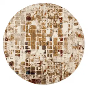 Photo of Brown Beige Abstract Tiles Distressed Area Rug