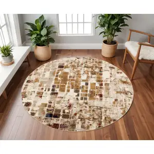 Photo of Brown Beige Abstract Tiles Distressed Area Rug
