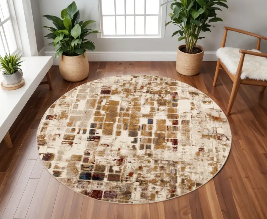 8' Natural And Brown Abstract Distressed Round Rug Photo 1