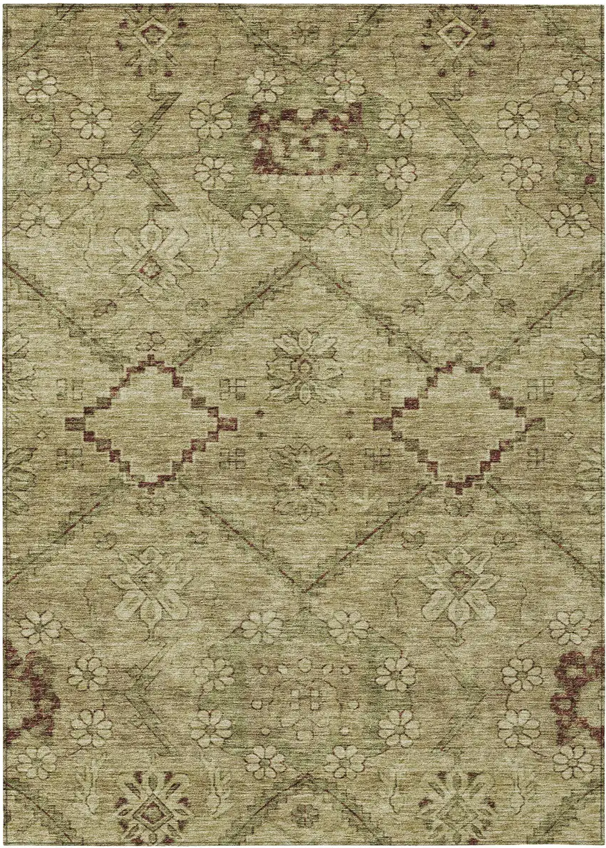 Brown Beige And Artichoke Green Floral Washable Indoor Outdoor Area Rug Photo 2