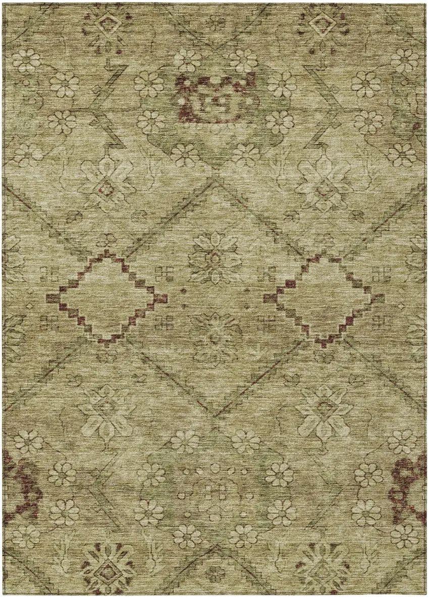 Brown Beige And Artichoke Green Floral Washable Indoor Outdoor Area Rug Photo 2