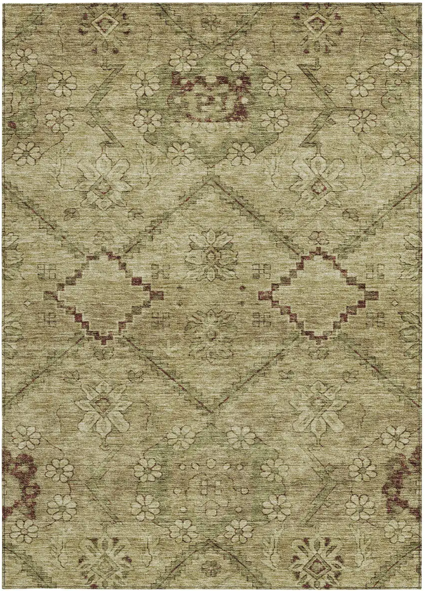 Brown Beige And Artichoke Green Floral Washable Indoor Outdoor Area Rug Photo 7