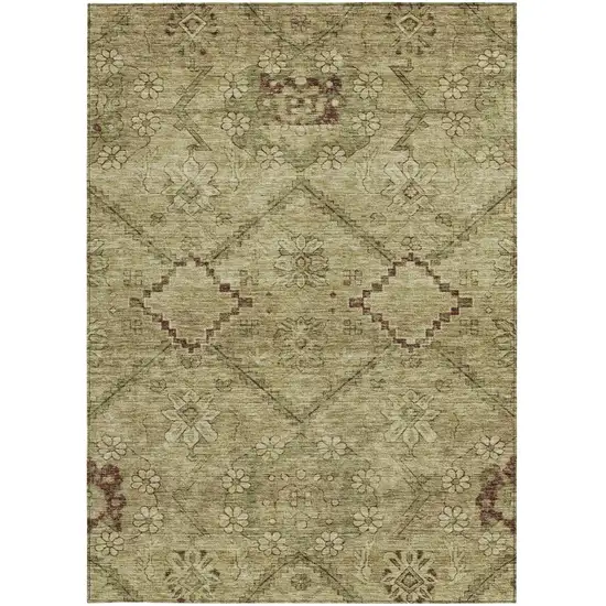 Brown Beige And Artichoke Green Floral Washable Indoor Outdoor Area Rug Photo 7