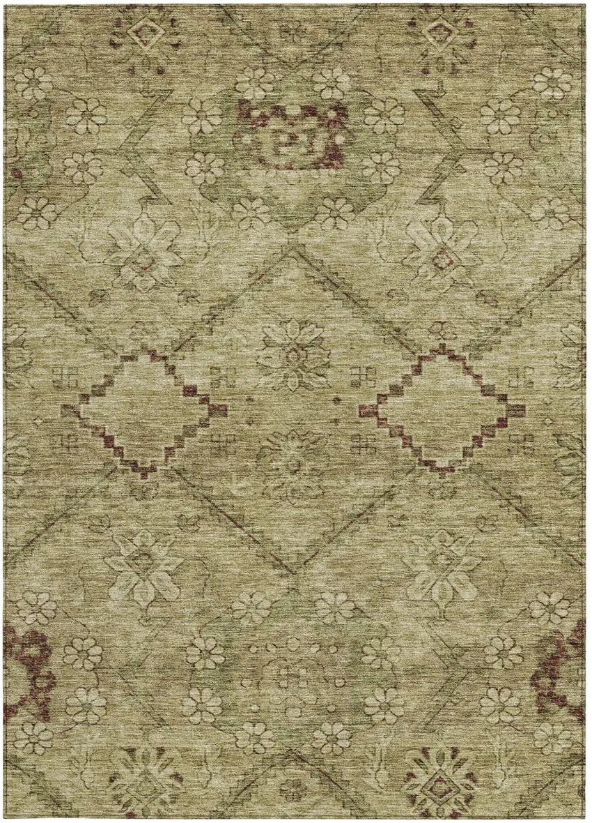 Brown Beige And Artichoke Green Floral Washable Indoor Outdoor Area Rug Photo 7