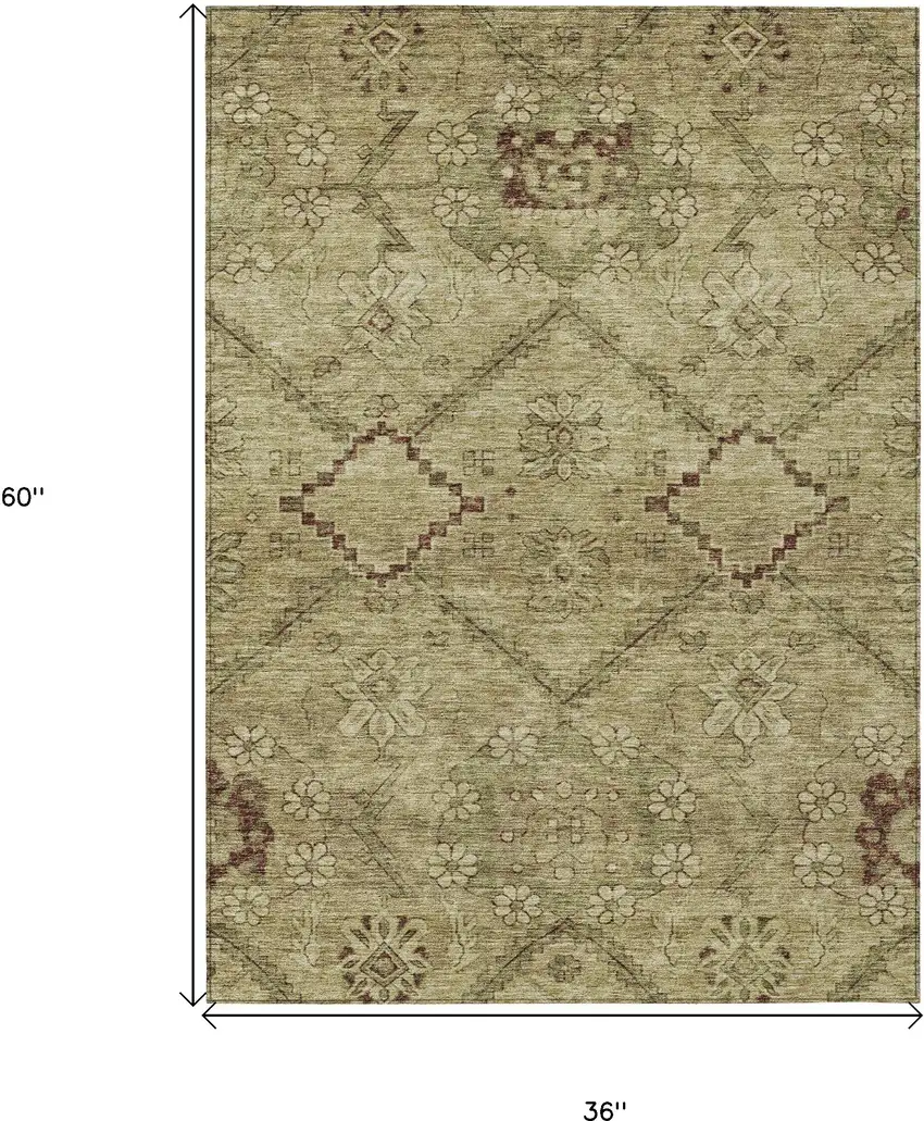 Brown Beige And Artichoke Green Floral Washable Indoor Outdoor Area Rug Photo 3
