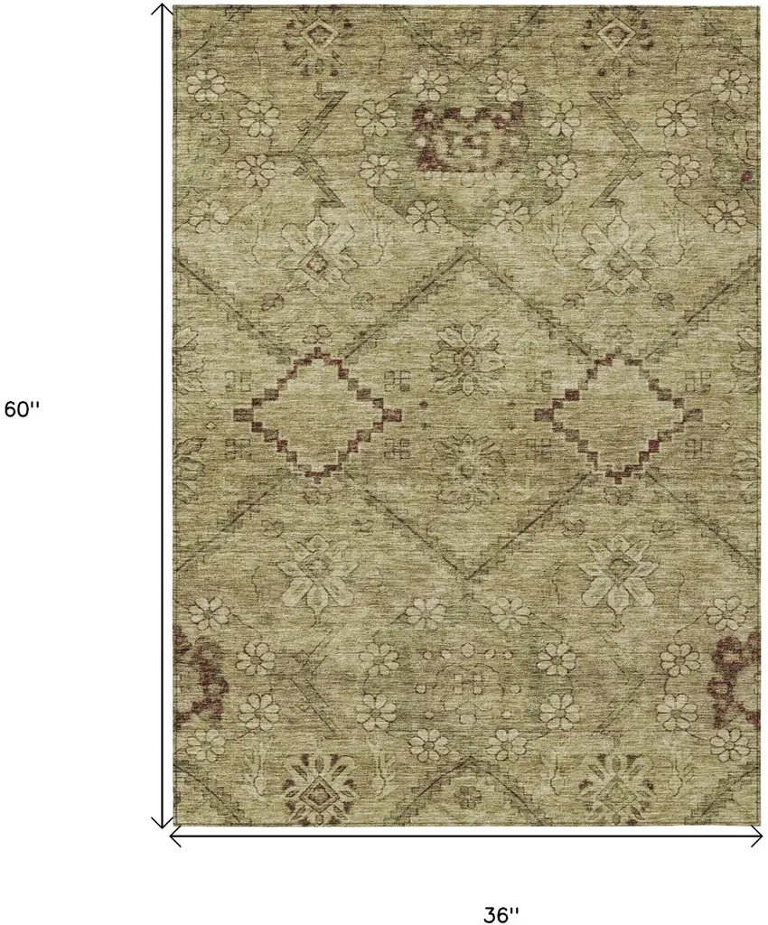 Brown Beige And Artichoke Green Floral Washable Indoor Outdoor Area Rug Photo 3