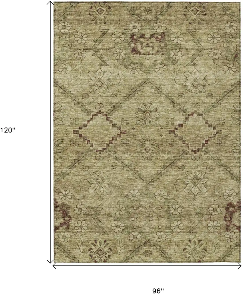 Brown Beige And Artichoke Green Floral Washable Indoor Outdoor Area Rug Photo 3