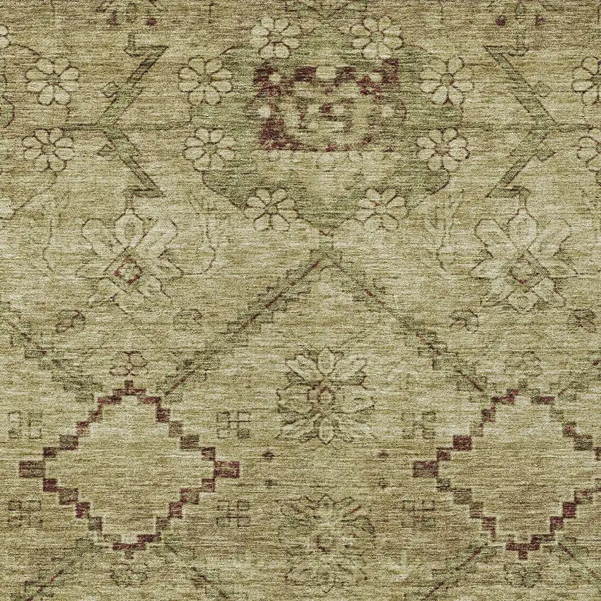 Brown Beige And Artichoke Green Floral Washable Indoor Outdoor Area Rug Photo 6
